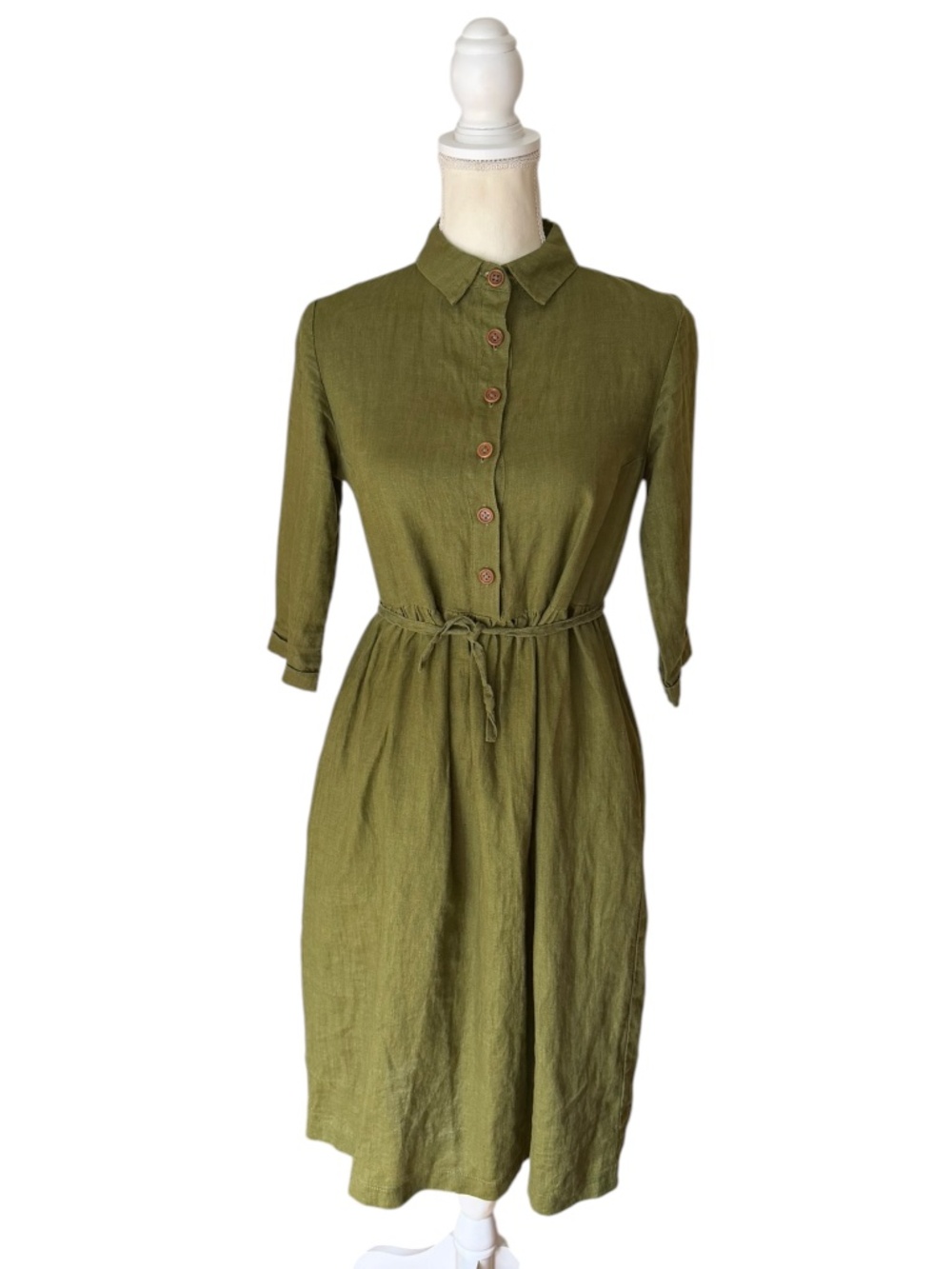 Pyne & Smith No.30 Linen Shirt Dress XS Sage Green Collared Midi Pockets